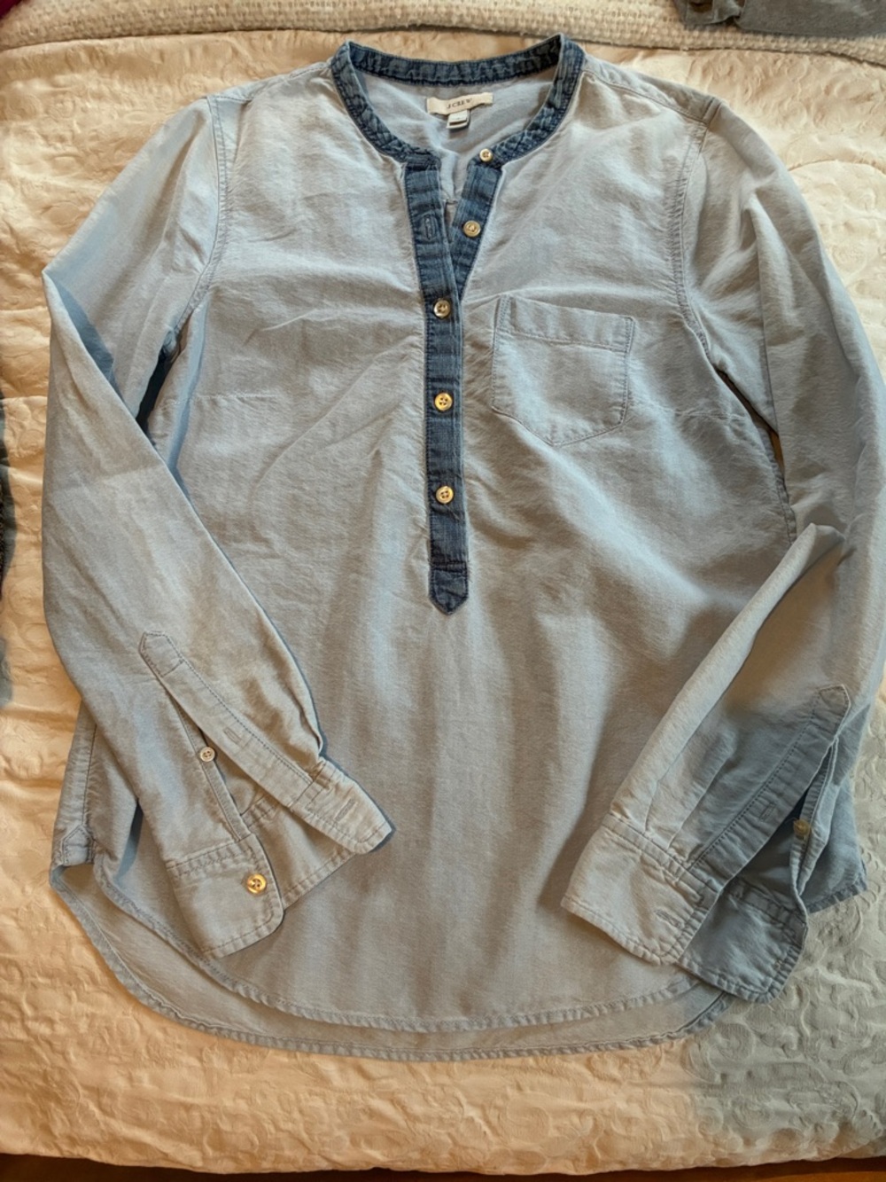 J. Crew Light Blue Long-Sleeve Henley with Dark Blue Contrast Placket